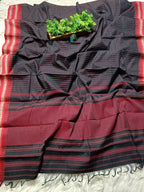 Dhaniyakhali Cotton Saree with Stripes & Vibrant Red Border