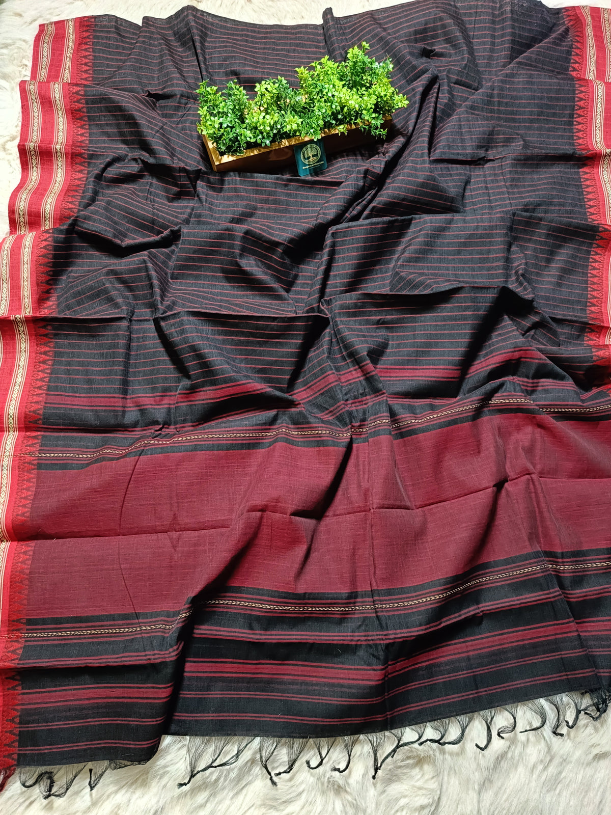 Dhaniyakhali Cotton Saree with Stripes & Vibrant Red Border
