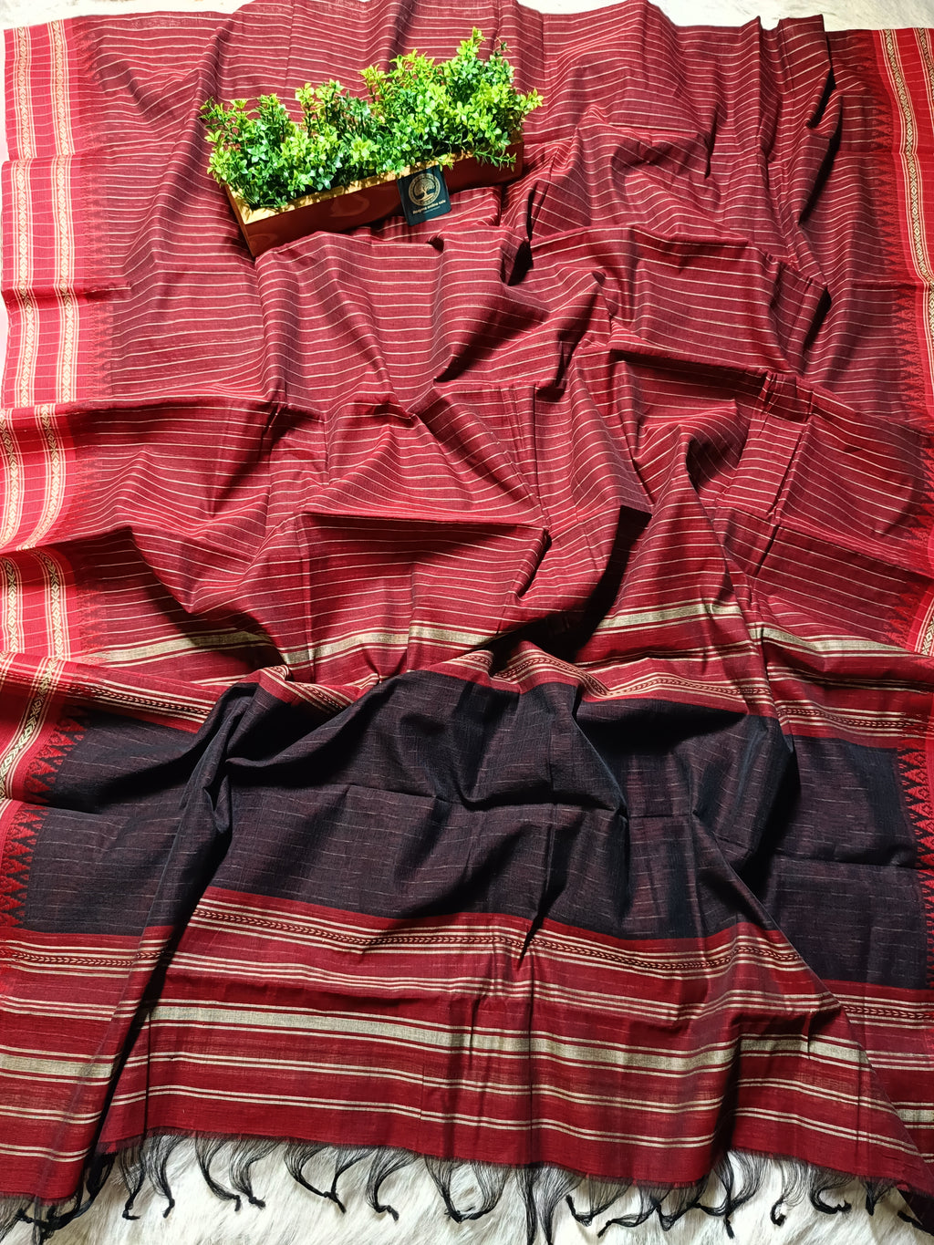 Dhaniyakhali Cotton Saree with Stripes & Vibrant Red Border