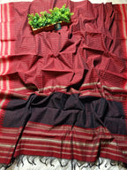 Dhaniyakhali Cotton Saree with Stripes & Vibrant Red Border