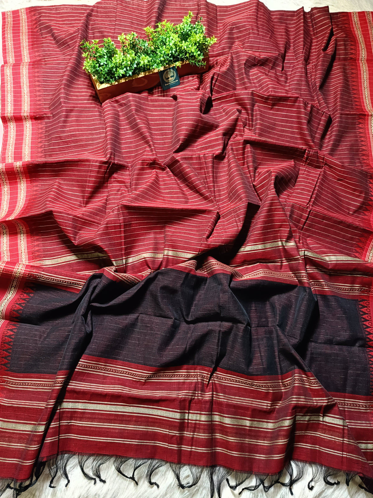 Dhaniyakhali Cotton Saree with Stripes & Vibrant Red Border
