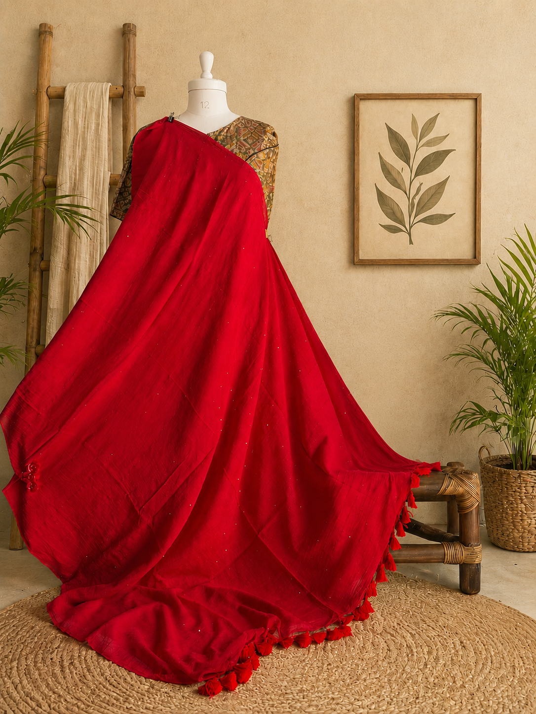 Crimson Radiance: Red Mull Cotton Sequined Saree