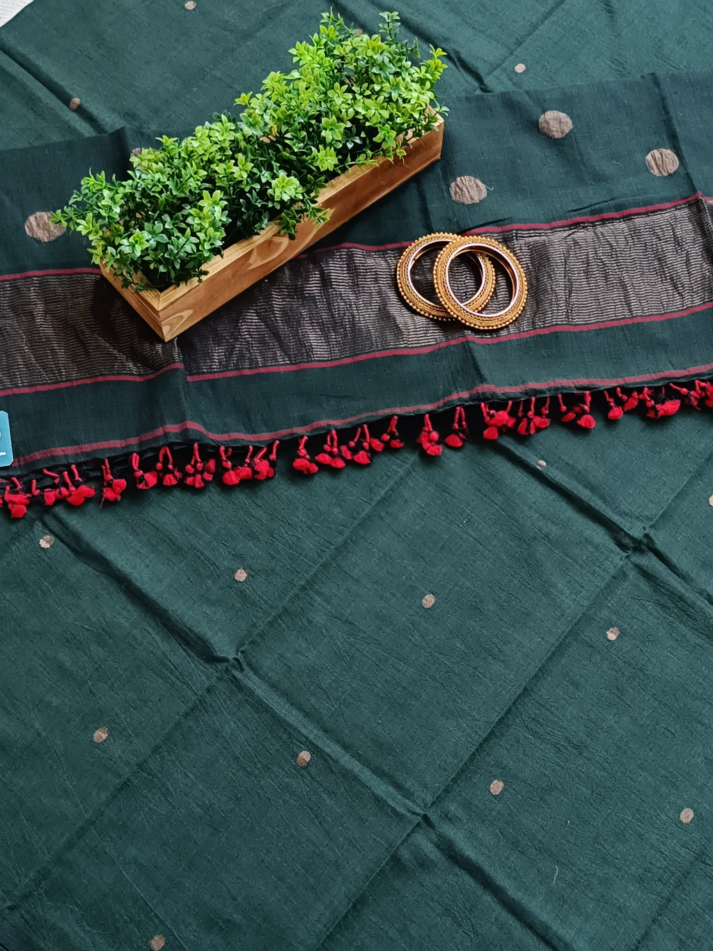 Pure Cotton Jamdani Woven Unstitched Dress Material Set – Dark green with red highlighted & golden zari buties,Suit Fabric with Dupatta