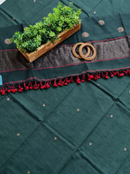 Pure Cotton Jamdani Woven Unstitched Dress Material Set – Dark green with red highlighted & golden zari buties,Suit Fabric with Dupatta