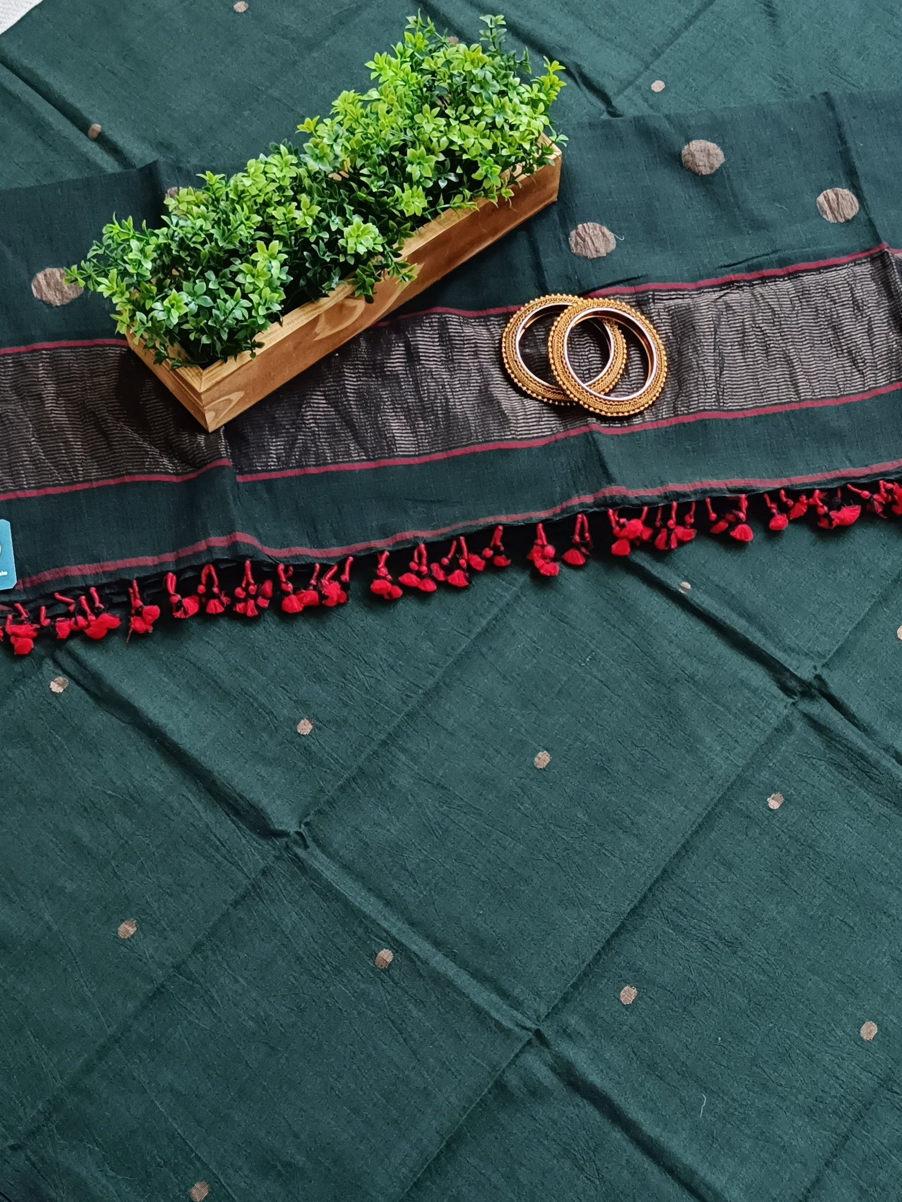 Pure Cotton Jamdani Woven Unstitched Dress Material Set – Dark green with red highlighted & golden zari buties,Suit Fabric with Dupatta