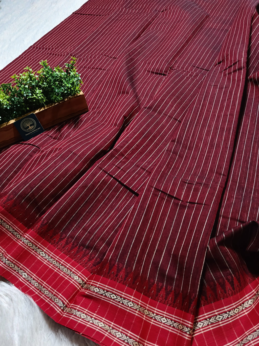 Dhaniyakhali Cotton Saree with Stripes & Vibrant Red Border