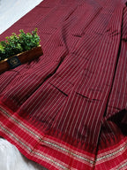 Dhaniyakhali Cotton Saree with Stripes & Vibrant Red Border