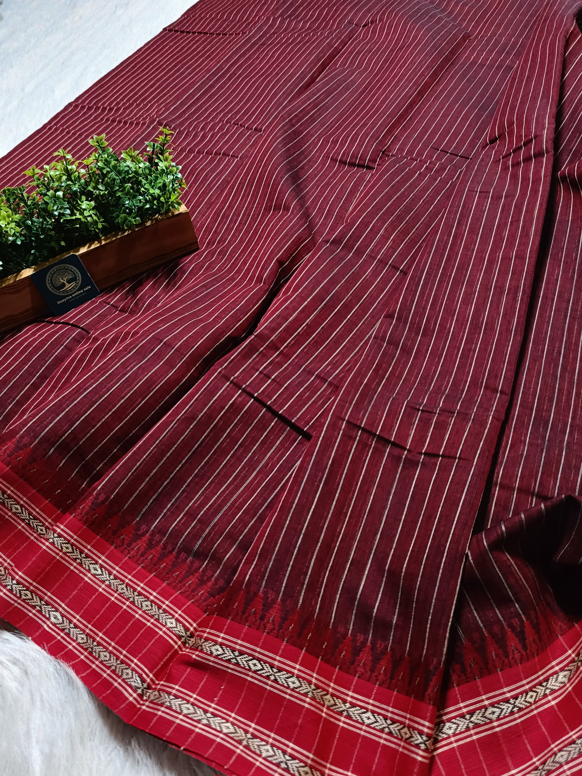 Dhaniyakhali Cotton Saree with Stripes & Vibrant Red Border