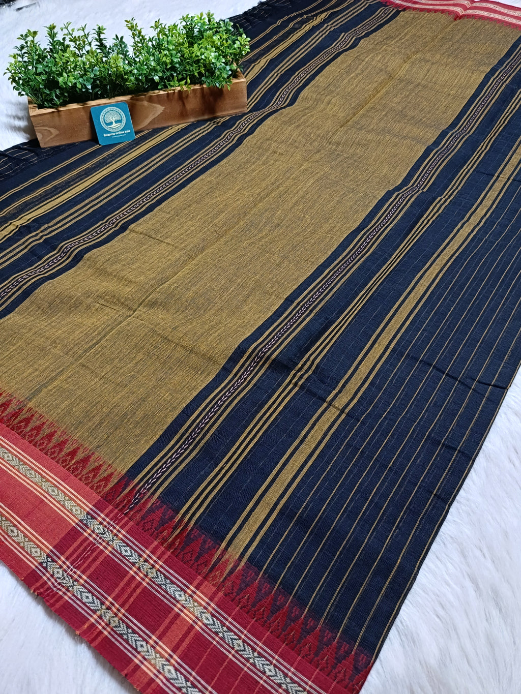 Dhaniyakhali Cotton Saree with Stripes & Vibrant Red Border