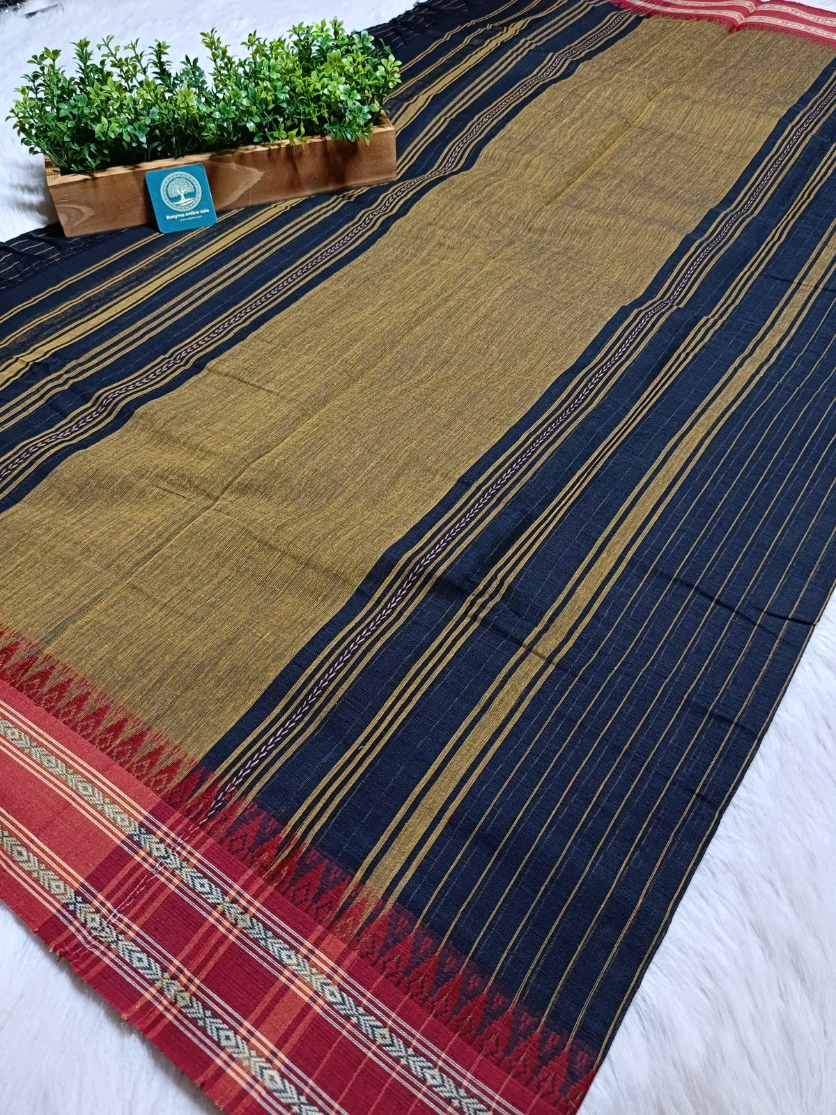 Dhaniyakhali Cotton Saree with Stripes & Vibrant Red Border