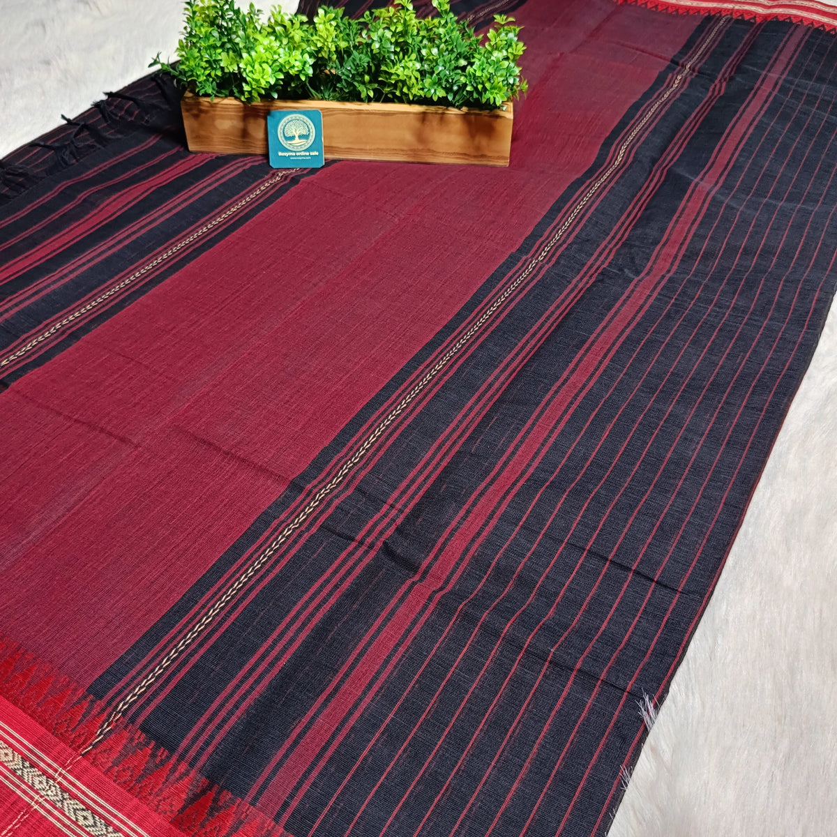 Dhaniyakhali Cotton Saree with Stripes & Vibrant Red Border