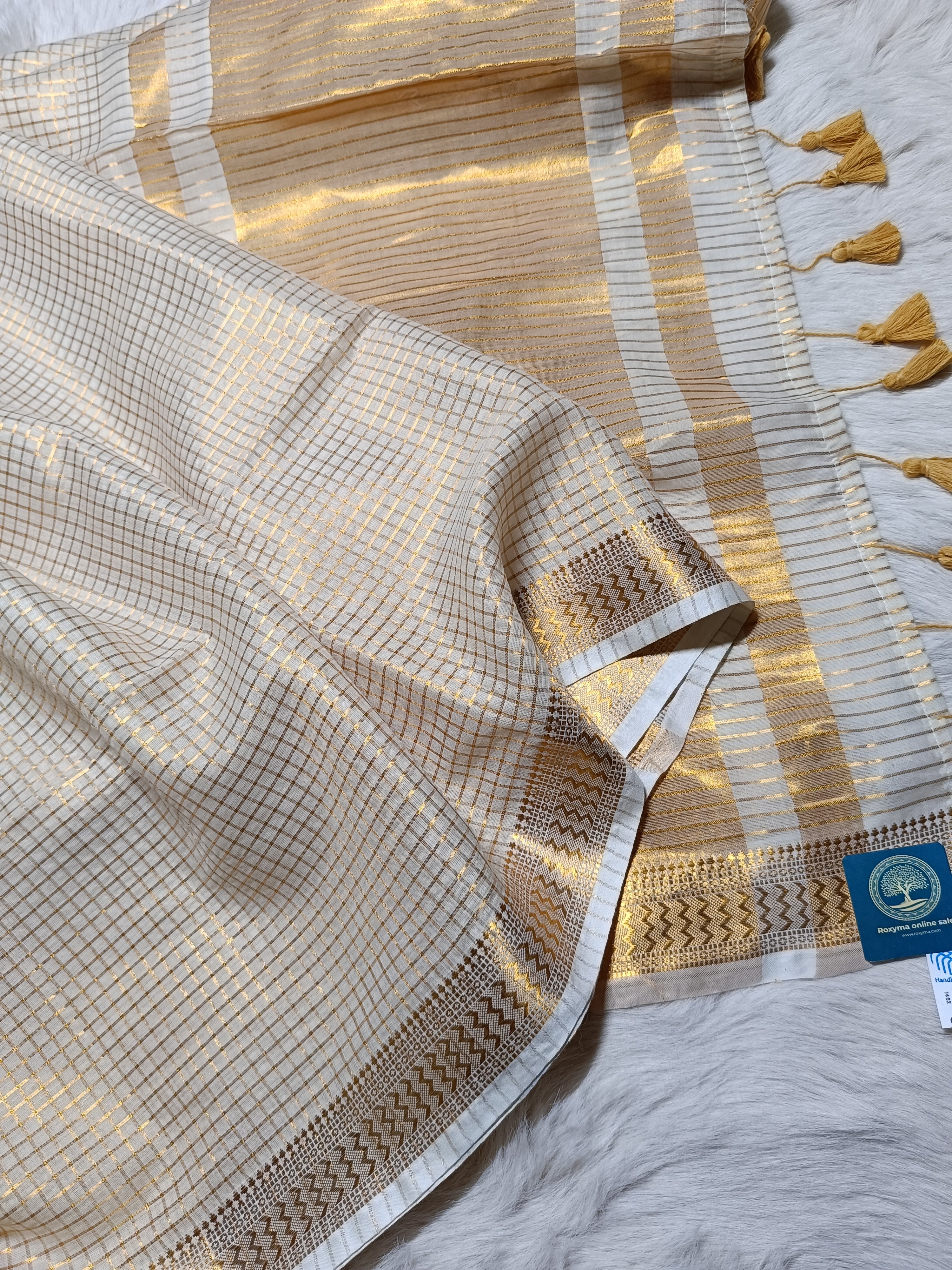 Mulmul Cotton Saree With Golden Zari Naksha  Women Border