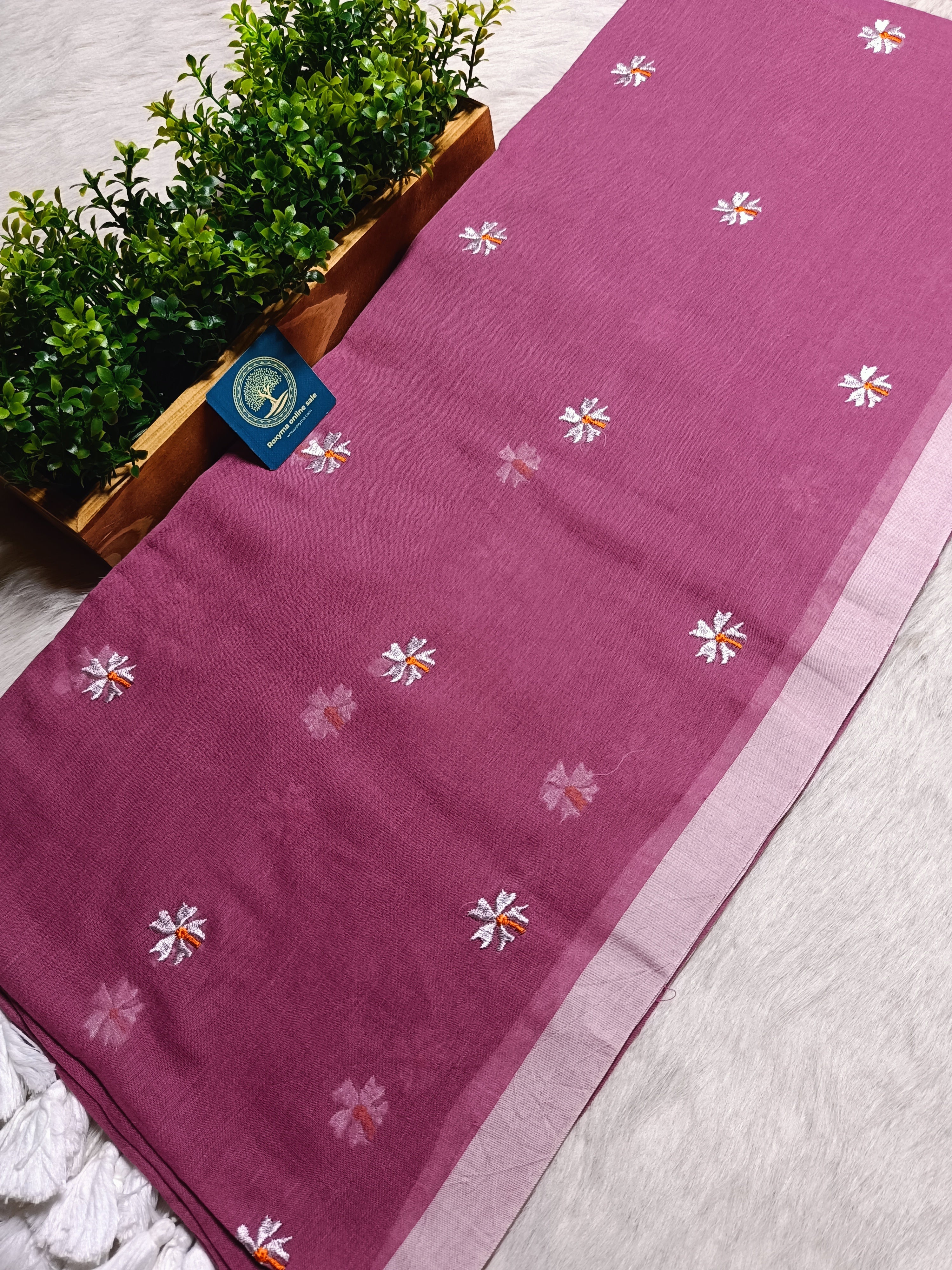 Pure Mulmul Cotton Saree with Seuli Flower Embroidery