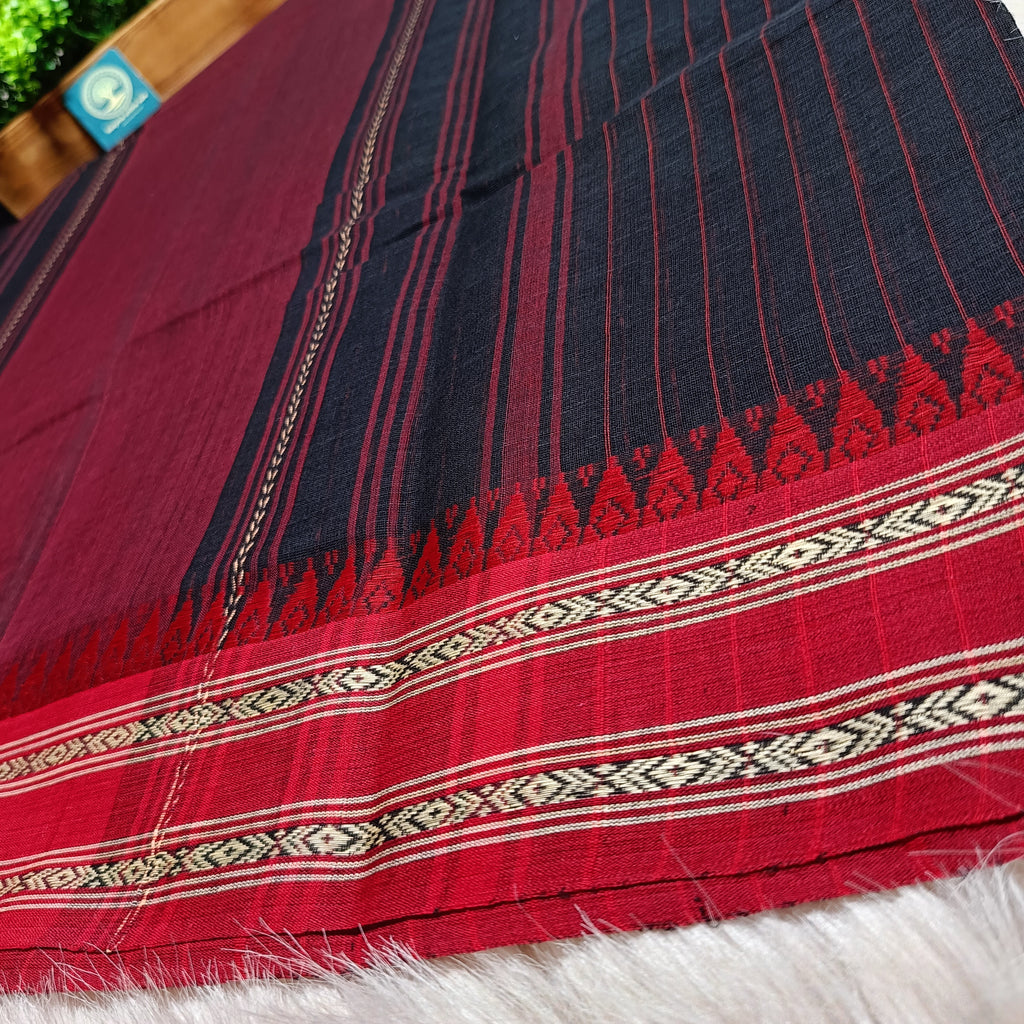 Dhaniyakhali Cotton Saree with Stripes & Vibrant Red Border