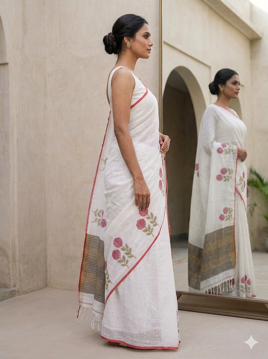 Pure Linen-by-Linen Saree – Off-White with Crimson Jamdani Floral Motifs & Striped Pallu