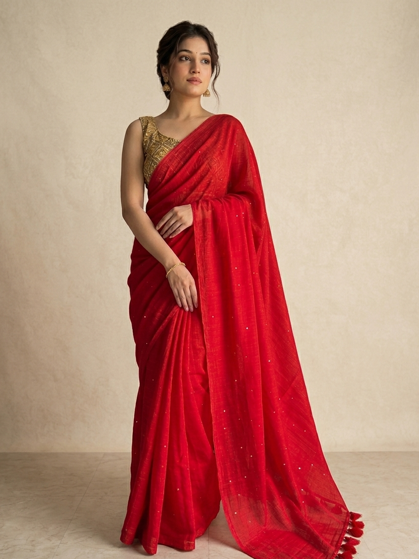 Crimson Radiance: Red Mull Cotton Sequined Saree