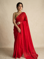 Crimson Radiance: Red Mull Cotton Sequined Saree