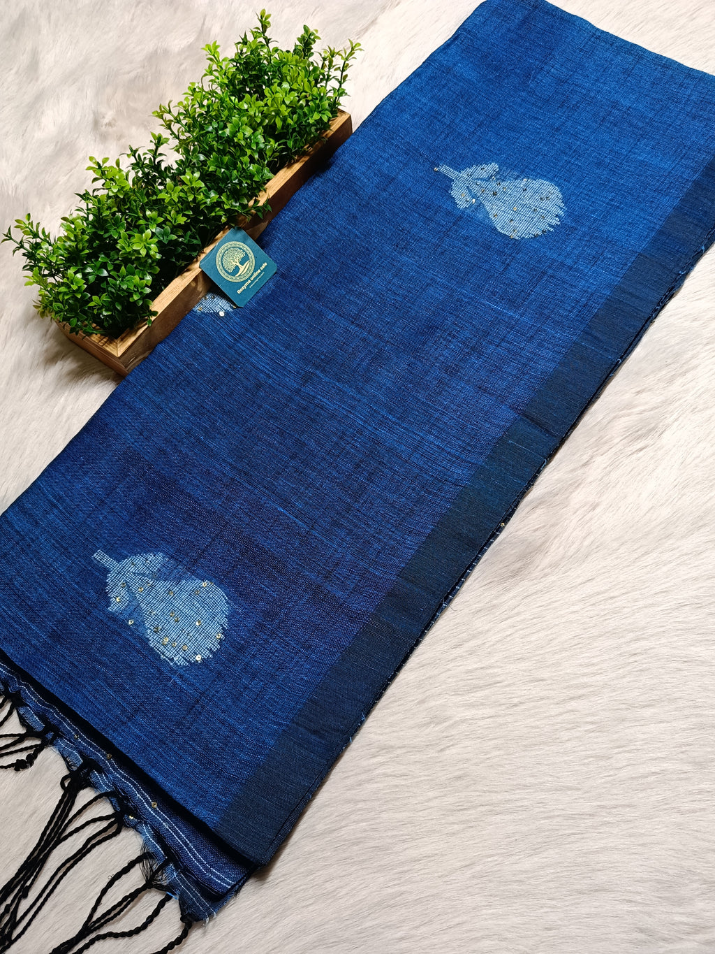 Pure Linen Handwoven Saree with Sequin Floral Motifs & Running Blouse Piece