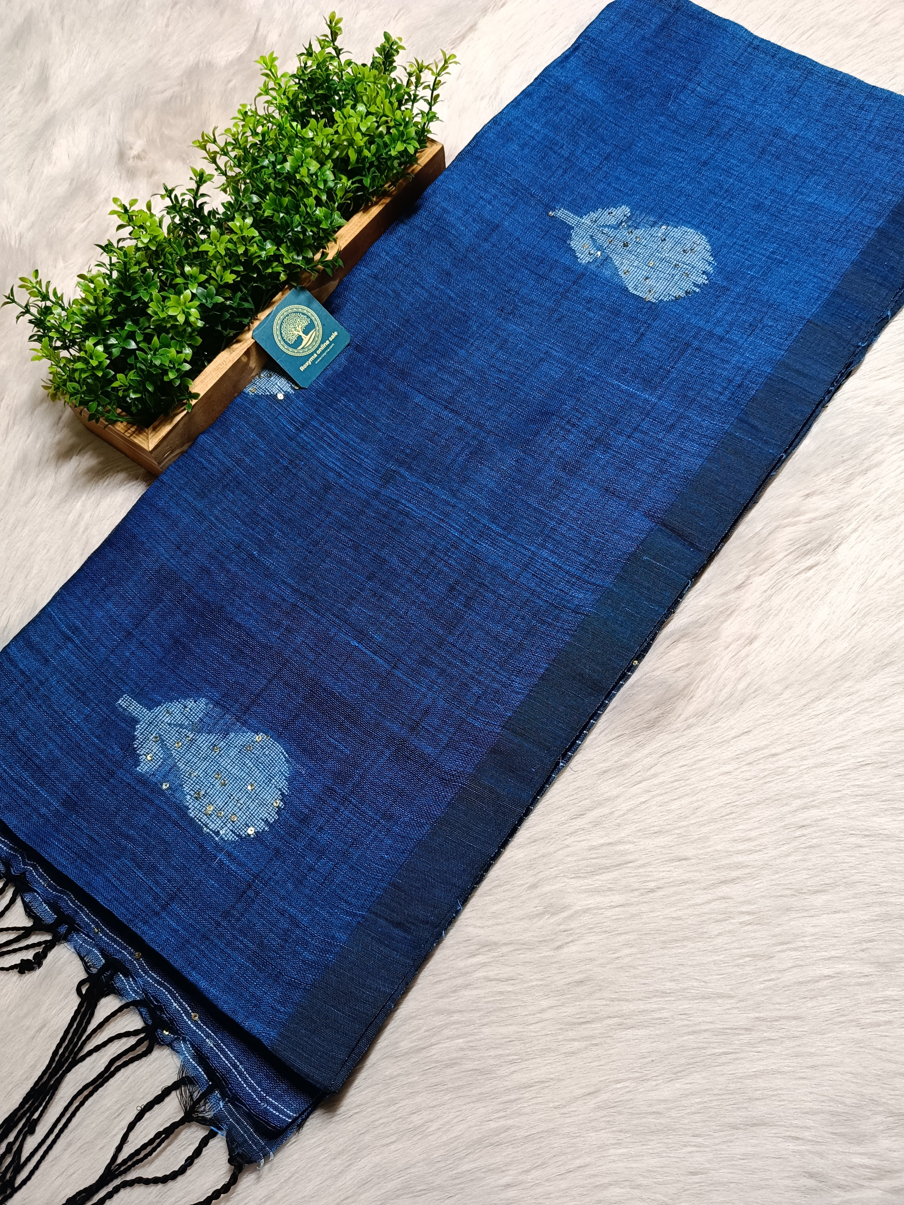 Pure Linen Handwoven Saree with Sequin Floral Motifs & Running Blouse Piece