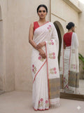 Pure Linen-by-Linen Saree – Off-White with Crimson Jamdani Floral Motifs & Striped Pallu