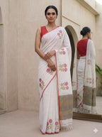 Pure Linen-by-Linen Saree – Off-White with Crimson Jamdani Floral Motifs & Striped Pallu