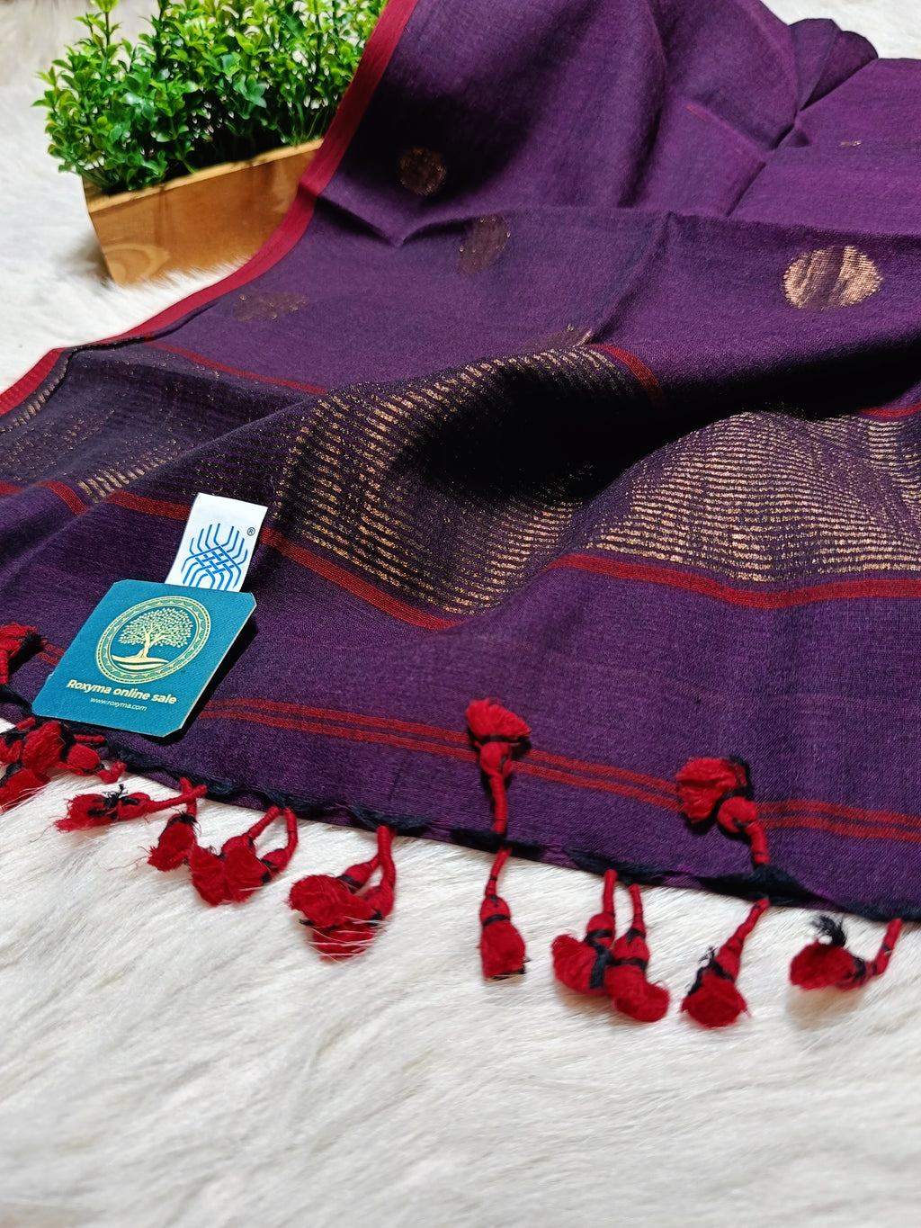 Pure Cotton suit with Jamdani Golden Zari  Butties in Plum Shed. Unstitched Dress Material Set of 2