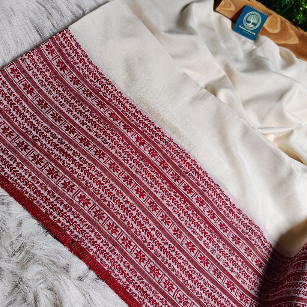 Pure Handloom Bengal Cotton Saree – Traditional Red and White with Ornate Geometric Motifs