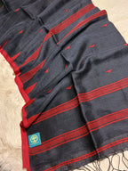 Premium Black Linen Saree with Red Jamdani Temple Border & Buties with Running Blouse Piece