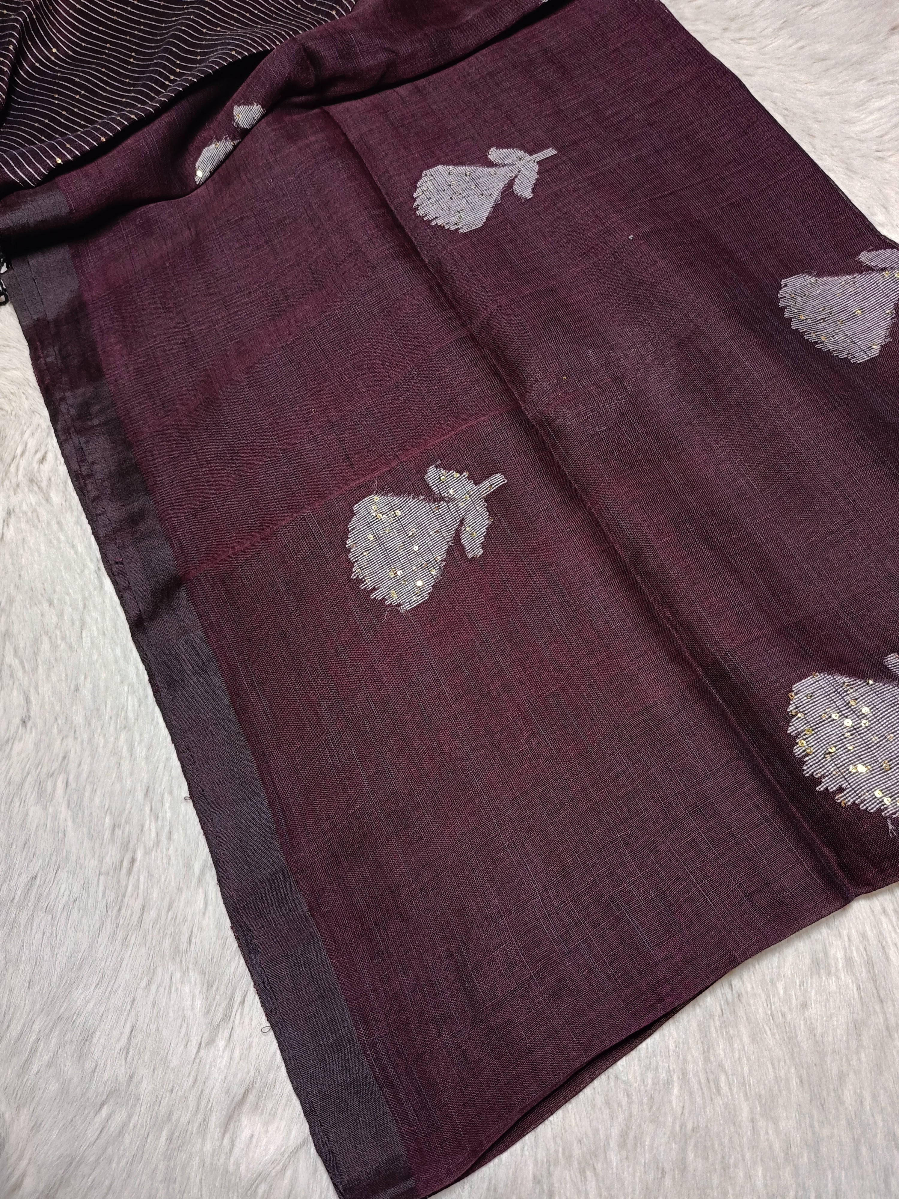 Pure Linen Handwoven Saree with Sequin Floral Motifs & Running Blouse Piece