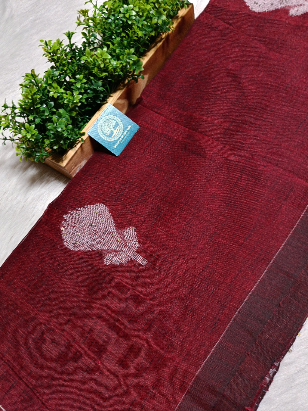 Pure Linen Handwoven Saree with Sequin Floral Motifs & Running Blouse Piece