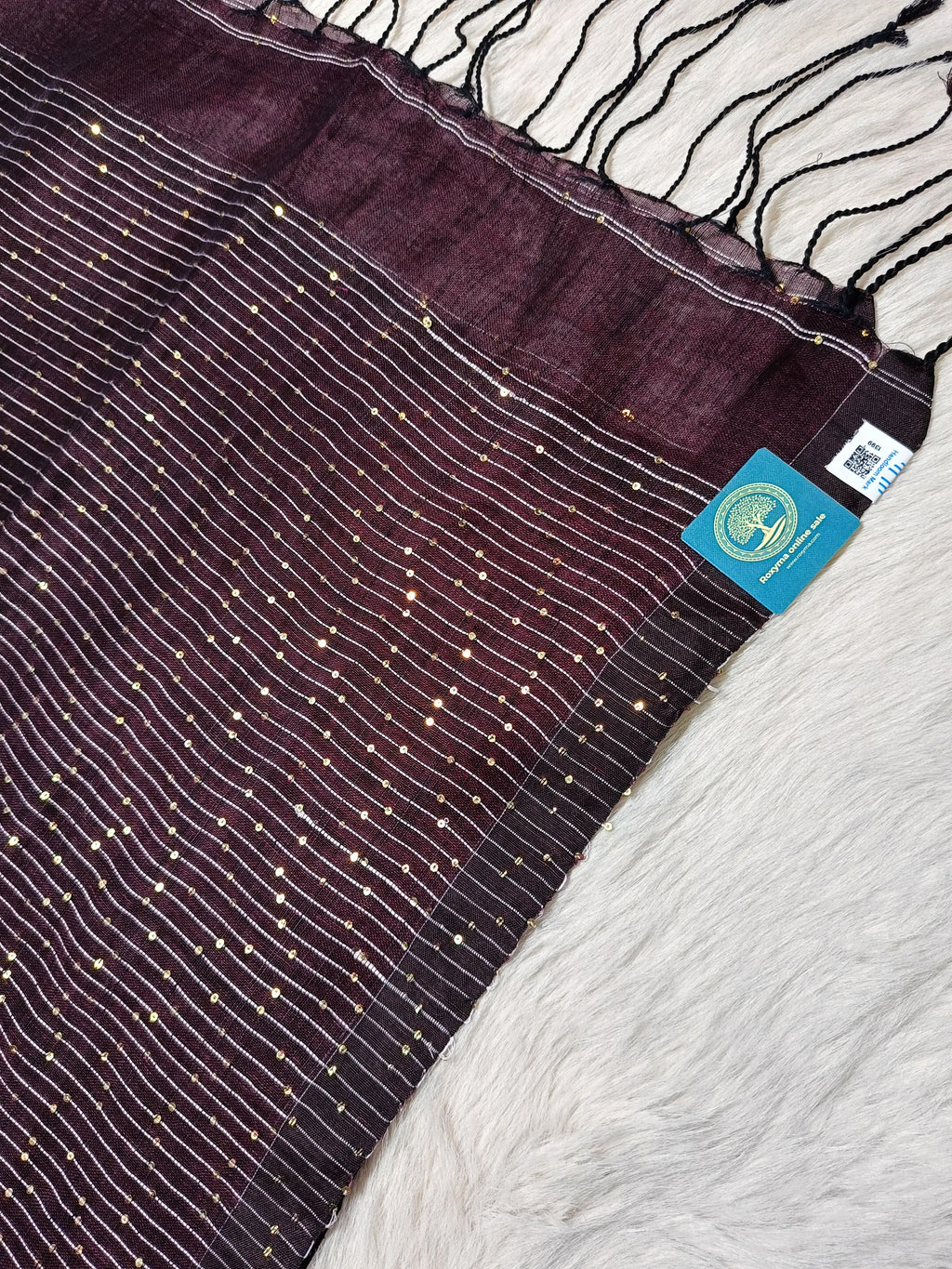 Pure Linen Handwoven Saree with Sequin Floral Motifs & Running Blouse Piece