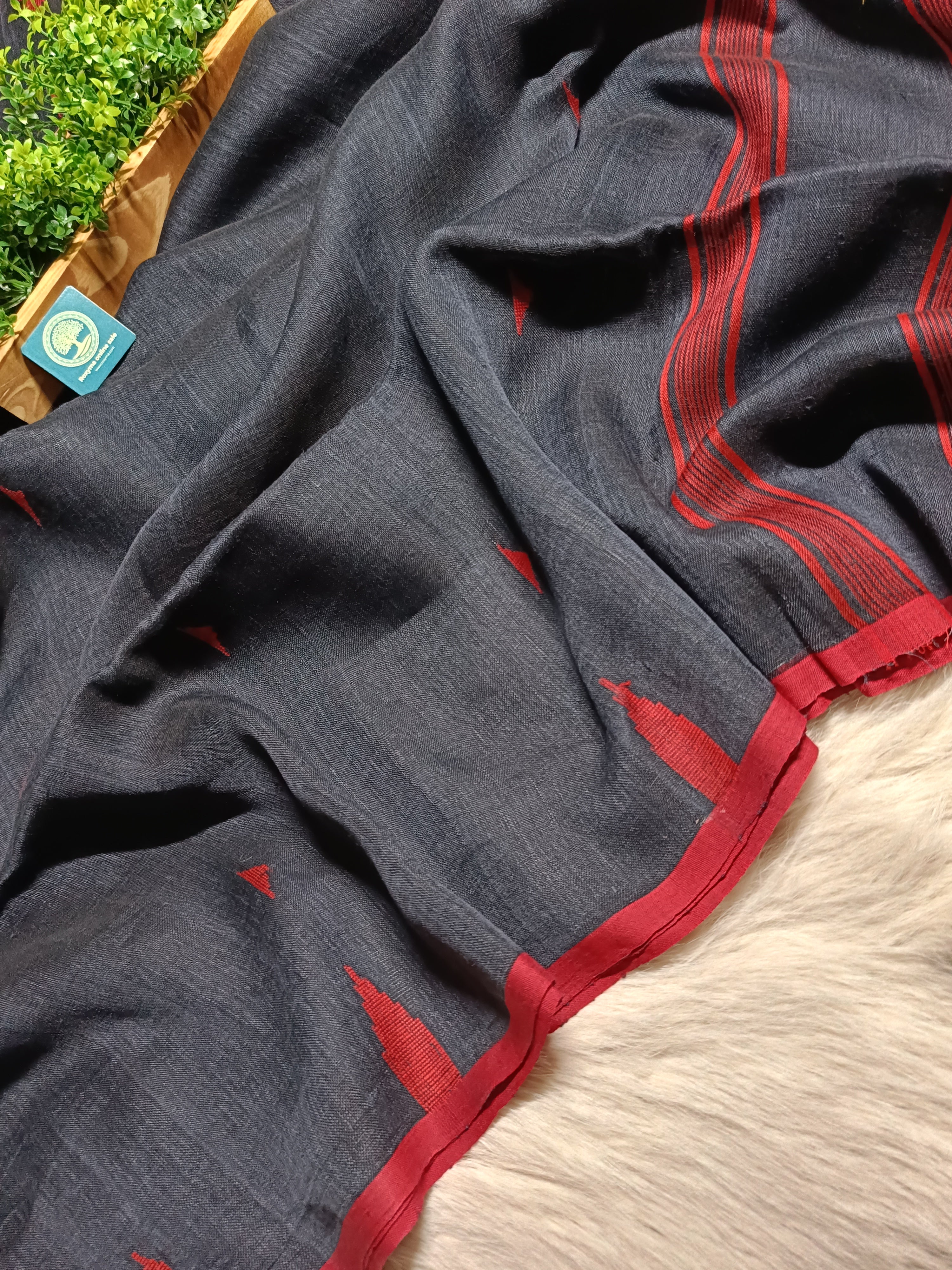 Premium Black Linen Saree with Red Jamdani Temple Border & Buties with Running Blouse Piece