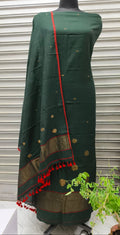 Pure Cotton Jamdani Woven Unstitched Dress Material Set – Dark green with red highlighted & golden zari buties,Suit Fabric with Dupatta
