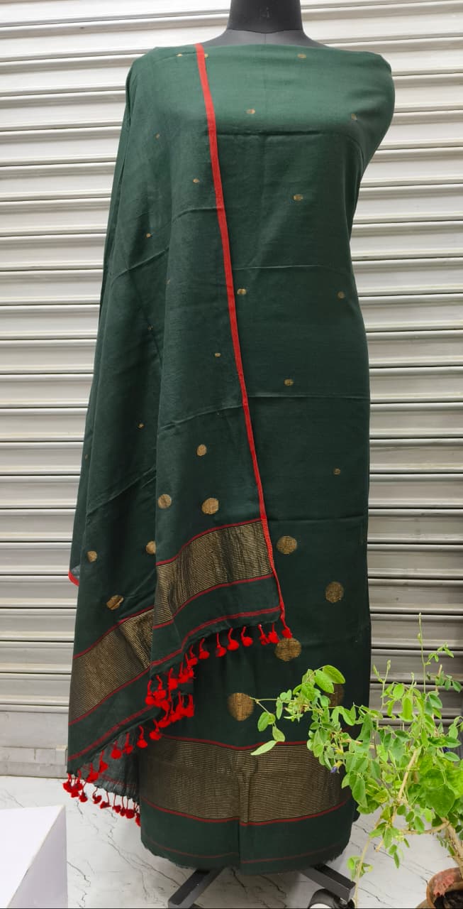 Pure Cotton Jamdani Woven Unstitched Dress Material Set – Dark green with red highlighted & golden zari buties,Suit Fabric with Dupatta