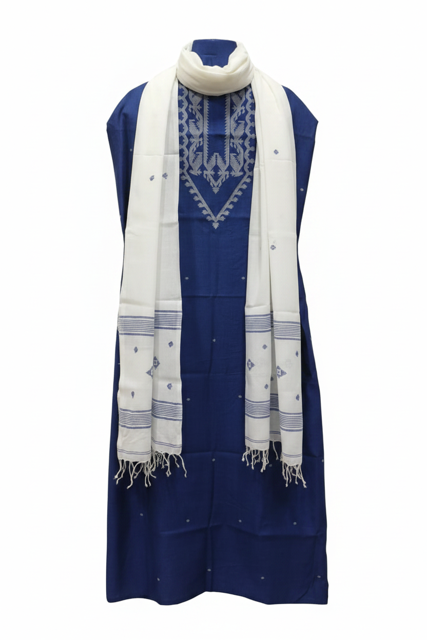Royal Blue Handloom Cotton Jamdani Dress Material Set