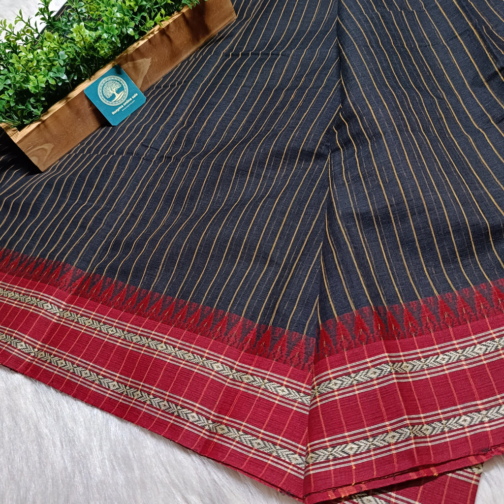 Dhaniyakhali Cotton Saree with Stripes & Vibrant Red Border