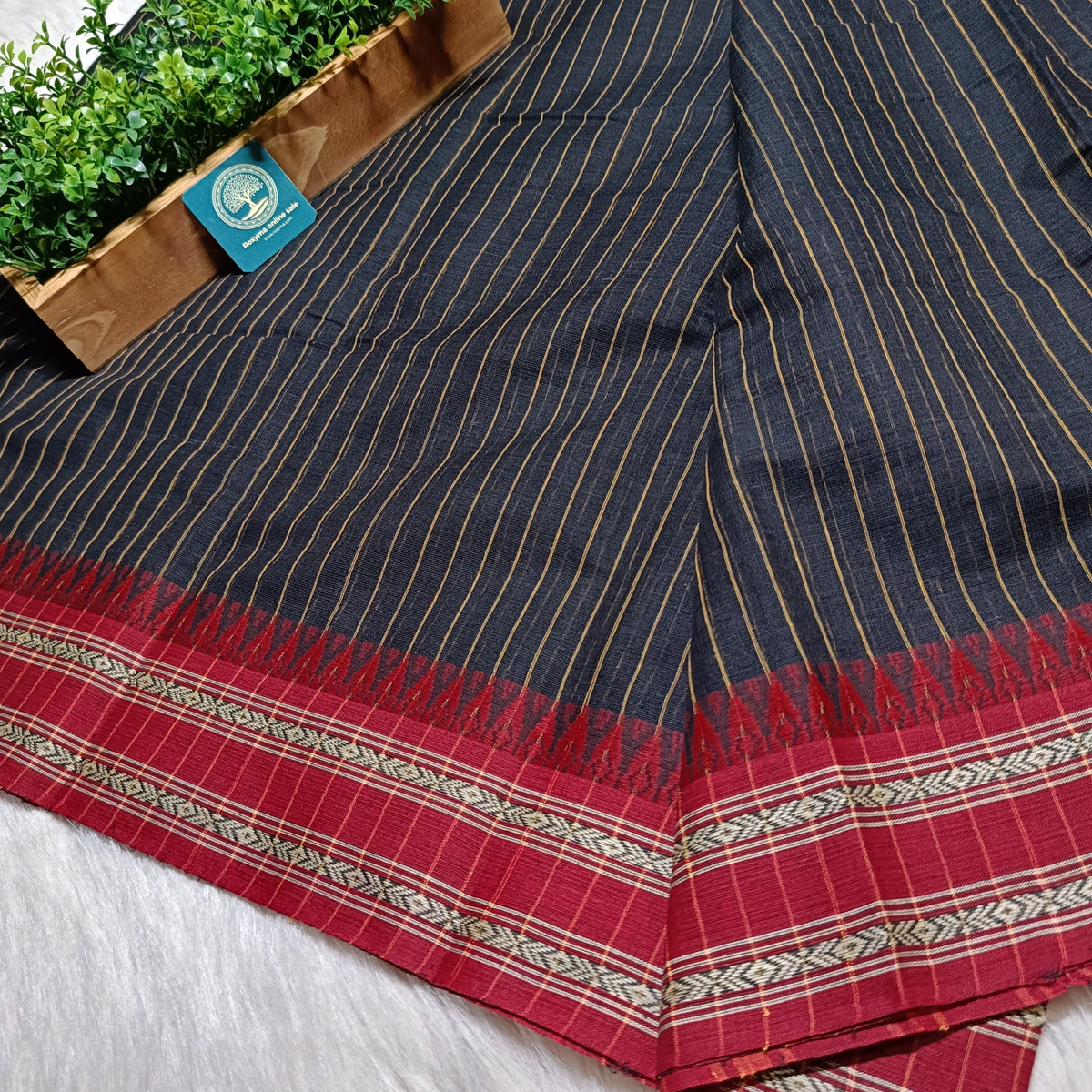 Dhaniyakhali Cotton Saree with Stripes & Vibrant Red Border