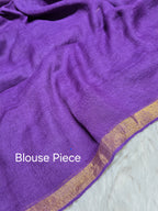 Pure Linen-by-Linen Saree – Royal Purple with Gold Zari Jamdani Buttas & Striped Pallu