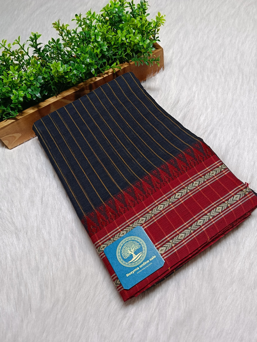 Dhaniyakhali Cotton Saree with Stripes & Vibrant Red Border