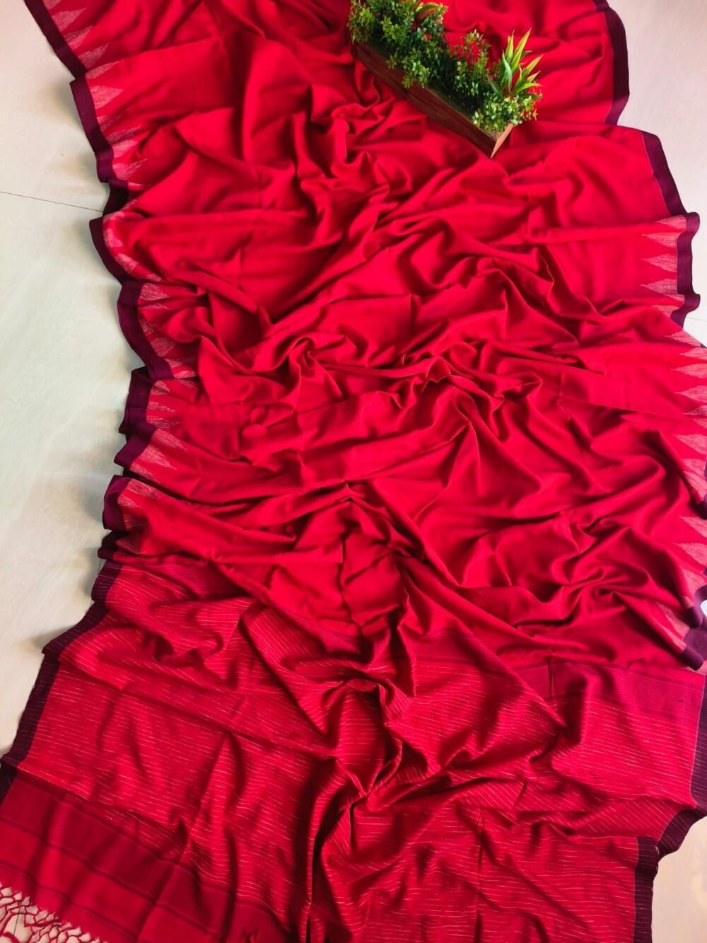 Handwoven cotton saree with ghicha temple border and running blouse piece