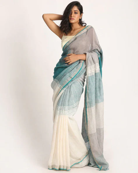 Jaishree Linen Saree With Zari Border Detailing And Contrast Blouse Piece