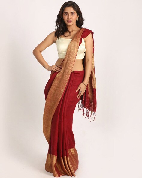 Premium Quality Handwoven Linen Saree with Golden Zari Border and Blouse Piece