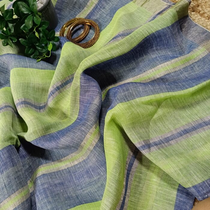 Premium Quality Handwoven Jaishree Linen Saree With Vertical Stripes And Tested Zari Border - Image 3