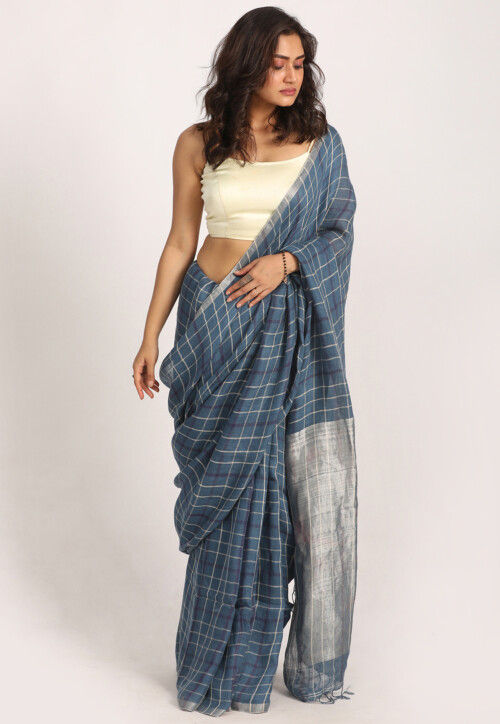 Premium Jaishree Check-Patterned Linen Saree