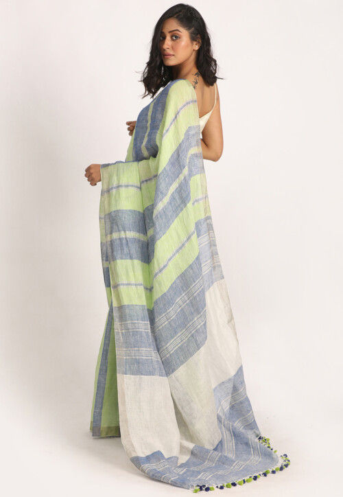 Premium Quality Handwoven Jaishree Linen Saree With Vertical Stripes And Tested Zari Border