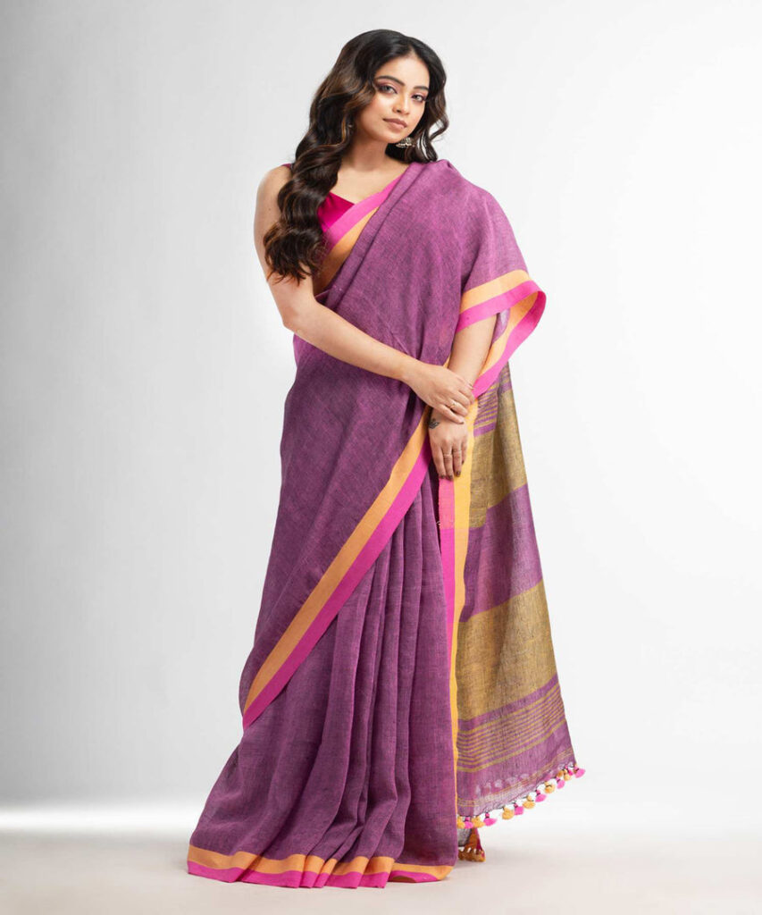 Jaishree Linen Saree With Contrast Border And Blouse Piece