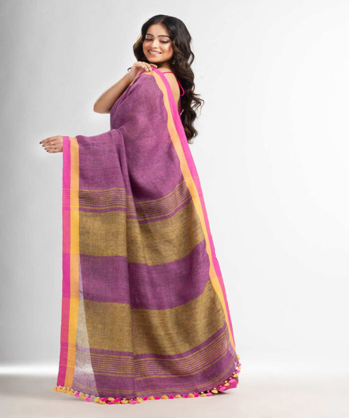 Jaishree Linen Saree With Contrast Border And Blouse Piece - Image 4