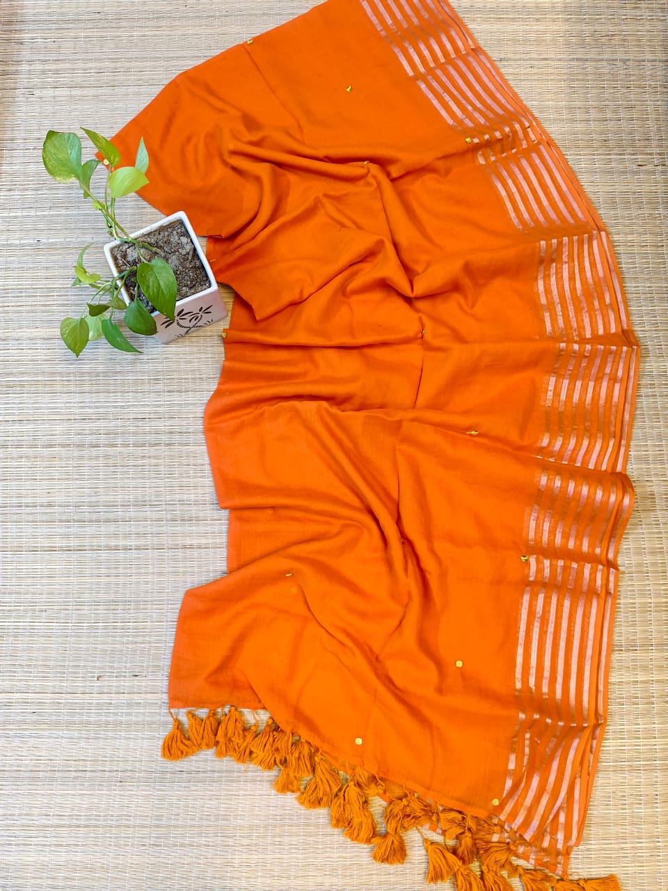 Bengal Mull Cotton Saree, Featuring A Golden Zari Border With Sequence Work