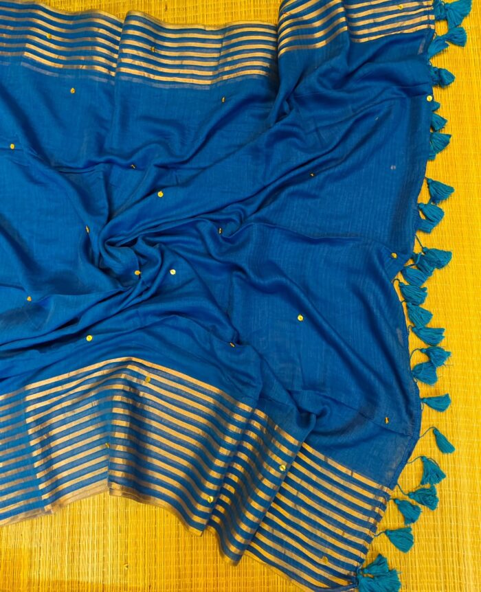 Bengal Mull Cotton Saree, Featuring A Golden Zari Border With Sequence Work - Image 3