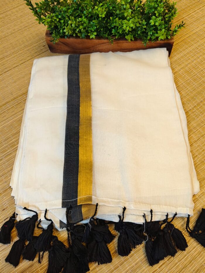 Bengal Mull Cotton Saree, Featuring A Striking Contrast Zari Border And Playful Pompom Edging - Image 4